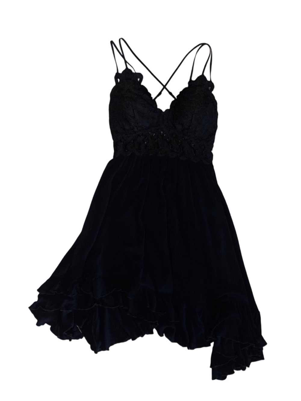 Black Lace Strappy Mini Dress with Asymmetrical Hem - Picture 2 of 16